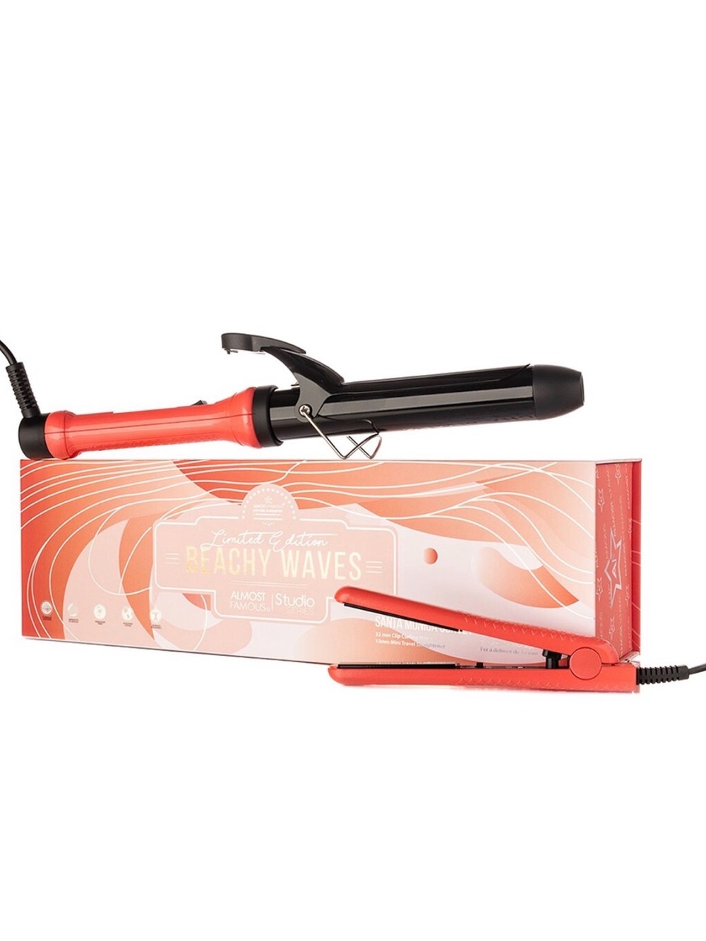 Almost Famous Limited Edition Curling Iron & Mini Flat Iron Set Coral Pink NIB